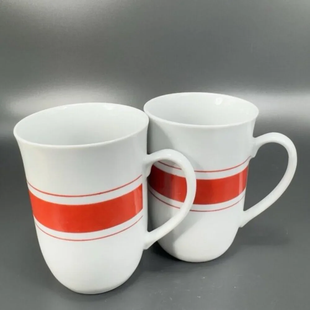 Vintage Leonard White Ceramic Coffee Mug Cup Set 2 Red Orange Band Mugs Cups Set